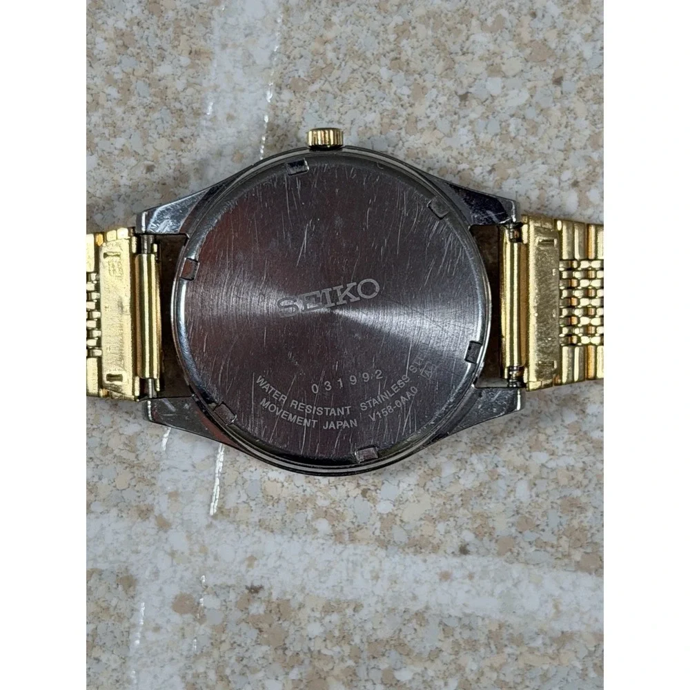 Seiko Solar Quartz SNE032 Two Tone Stainless Steel Gold White Dial
